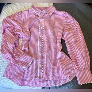 Entro Mauve Striped Scalloped Puffed Sleeve Button Down Blouse
